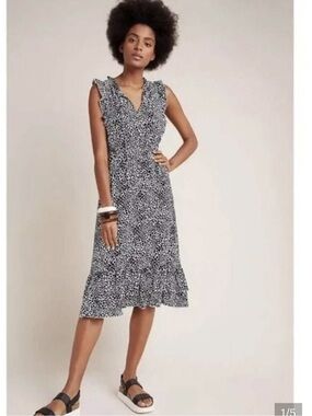 Anthropologie Maeve Ruby Ruffled Black & White Midi  Dress Size M